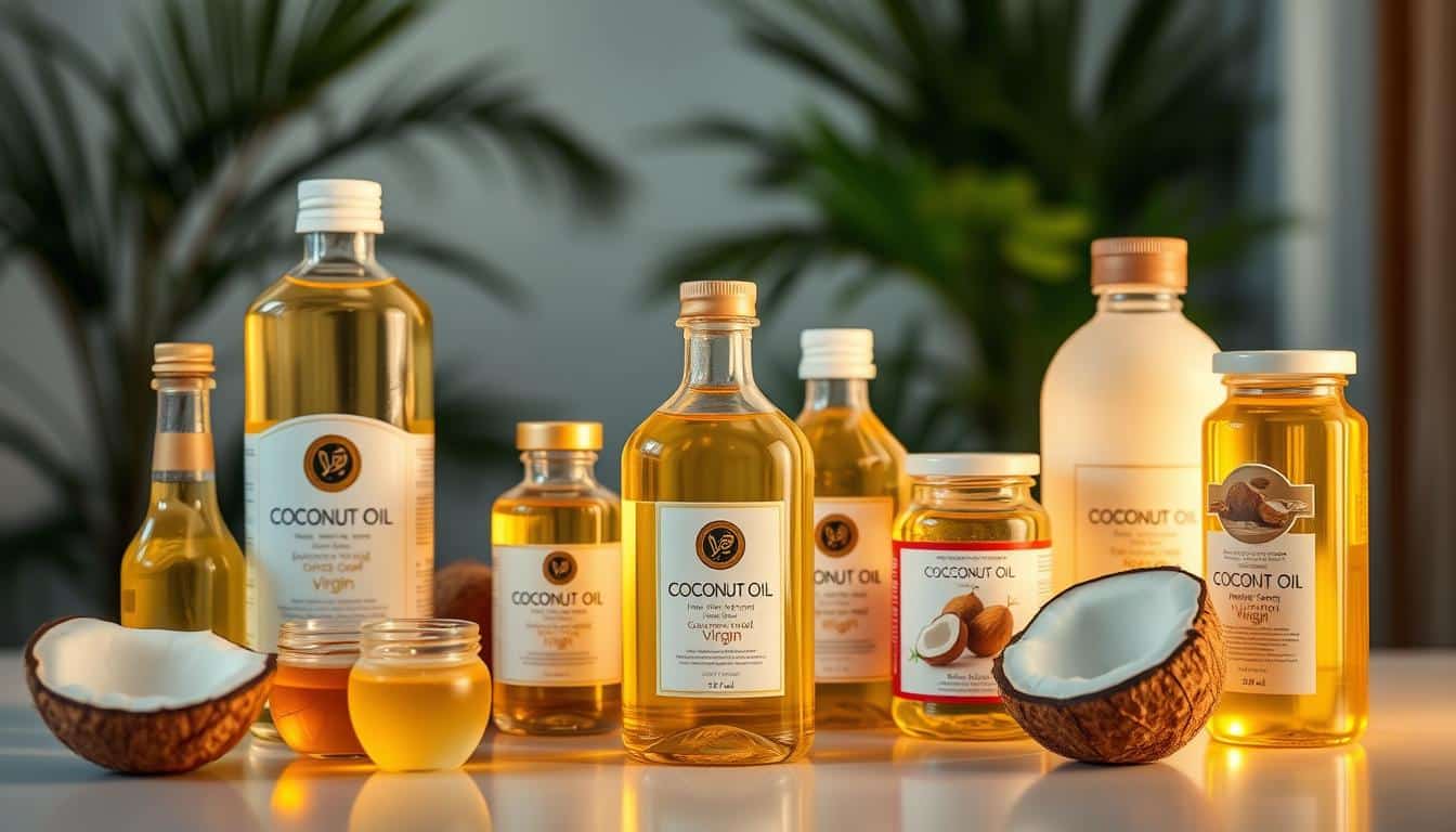 A beautifully lit, close-up shot of an assortment of premium coconut oil products arranged in an elegant, symmetrical display. The foreground features various glass bottles and jars filled with crystal-clear, golden-hued coconut oil, reflecting warm studio lighting. The middle ground showcases different coconut oil types, like virgin, refined, and extra-virgin, each with its own unique label and packaging design. The background has a soft, blurred focus, allowing the coconut oils to take center stage. The overall atmosphere is one of high-quality, Korean-inspired natural wellness and skincare.