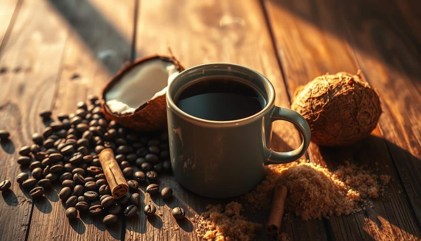 A beautifully lit still life of a rustic wooden table, with a steaming mug of Korean style coffee nestled amidst an assortment of ingredients: whole coffee beans, a coconut, a cinnamon stick, and a sprinkling of brown sugar. The scene is bathed in warm, golden light, creating a cozy, inviting atmosphere. The coffee mug is positioned prominently, with the rich, dark liquid glistening invitingly. The overall composition conveys a sense of comfort, wholeness, and the perfect way to start an energetic morning.