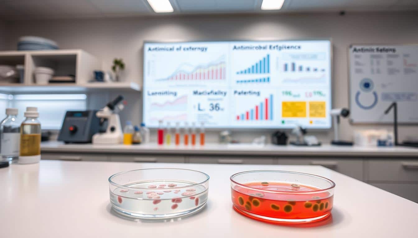 A clean, well-lit laboratory setting with various scientific equipment and test tubes arranged on a sleek, modern counter. In the foreground, a close-up view of two Petri dishes containing different liquid samples, with visible bacterial growth patterns. The lighting is bright and evenly distributed, creating a sense of clarity and precision. The background features a large whiteboard or screen displaying graphs, charts, and data visualizations related to antimicrobial effectiveness. The overall scene conveys a professional, research-oriented atmosphere, with a focus on the comparative analysis of antimicrobial properties.