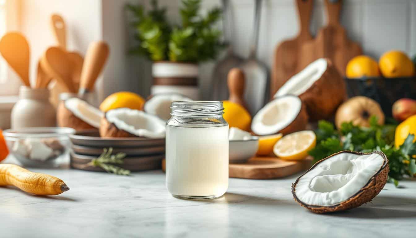 A serene, inviting kitchen scene filled with the warm, earthy tones of coconut oil. In the foreground, a glass jar of coconut oil reflects the soft lighting, surrounded by an array of fresh produce and kitchen utensils. In the middle ground, a wooden cutting board showcases sliced coconut, lemons, and other healthy ingredients, hinting at the versatility of coconut oil in Korean cuisine. The background features a clean, minimalist backdrop, allowing the vibrant colors and textures of the coconut oil and its accoutrements to take center stage. The overall mood is one of health, wellness, and the simple pleasures of cooking with this versatile, natural ingredient. A serene, inviting kitchen scene filled with the warm, earthy tones of coconut oil. In the foreground, a glass jar of coconut oil reflects the soft lighting, surrounded by an array of fresh produce and kitchen utensils. In the middle ground, a wooden cutting board showcases sliced coconut, lemons, and other healthy ingredients, hinting at the versatility of coconut oil in Korean cuisine. The background features a clean, minimalist backdrop, allowing the vibrant colors and textures of the coconut oil and its accoutrements to take center stage. The overall mood is one of health, wellness, and the simple pleasures of cooking with this versatile, natural ingredient.
