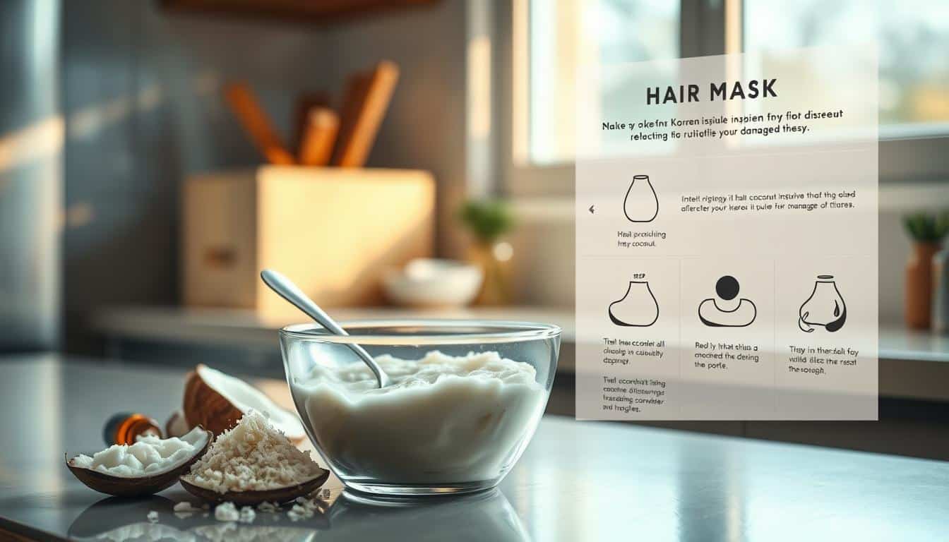A serene kitchen countertop, bathed in warm, soft lighting. In the foreground, a glass bowl holds a creamy, coconut-infused hair mask, its ingredients neatly arranged around it - freshly grated coconut, a spoon, and a few drops of essential oil. In the middle ground, a step-by-step infographic illustrates the process of creating this Korean-inspired hair treatment, with clear, detailed illustrations. The background features a tranquil, blurred view of a window, hinting at the calming atmosphere of this self-care ritual. The overall mood is one of natural, holistic well-being, inviting the viewer to embark on a journey of revitalizing their damaged tresses. A serene kitchen countertop, bathed in warm, soft lighting. In the foreground, a glass bowl holds a creamy, coconut-infused hair mask, its ingredients neatly arranged around it - freshly grated coconut, a spoon, and a few drops of essential oil. In the middle ground, a step-by-step infographic illustrates the process of creating this Korean-inspired hair treatment, with clear, detailed illustrations. The background features a tranquil, blurred view of a window, hinting at the calming atmosphere of this self-care ritual. The overall mood is one of natural, holistic well-being, inviting the viewer to embark on a journey of revitalizing their damaged tresses.