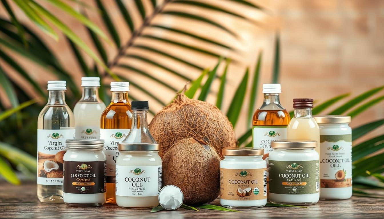 A vibrant still life arrangement showcasing an assortment of coconut oil products. The foreground features a variety of glass bottles and jars with different labels, highlighting the diverse types of coconut oils available, from virgin to refined, organic to unrefined. The middle ground showcases a fresh, whole coconut, its intricate texture and rich brown hue contrasting with the sleek packaging. In the background, lush green leaves and a soft, warm lighting create a calming, spa-like atmosphere, emphasizing the natural and nourishing properties of the coconut oils. The overall composition conveys a sense of luxury, purity, and the wide range of coconut oil options for optimal Korean skin care.