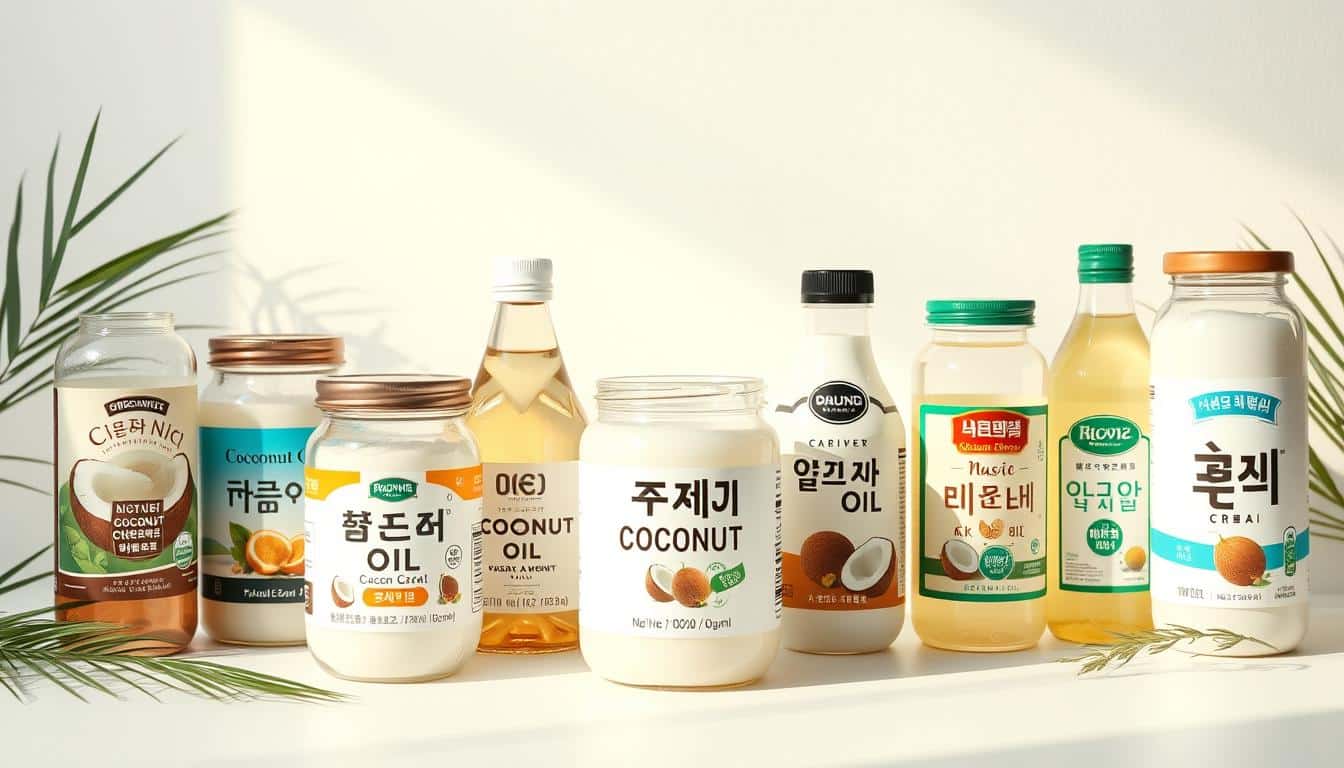 A visually striking still life arrangement showcasing an array of popular coconut oil brands. The composition features a central focal point with several glass jars or bottles of various coconut oil products, each with a distinct label design and color scheme. The items are arranged on a minimalist white background, allowing the products to take center stage. Soft, natural lighting creates a warm, inviting atmosphere, highlighting the translucent quality of the oils and the unique textures of the packaging. The overall scene conveys a sense of sophistication and consumer appeal, reflecting the high-quality nature of the korean coconut oil brands featured.