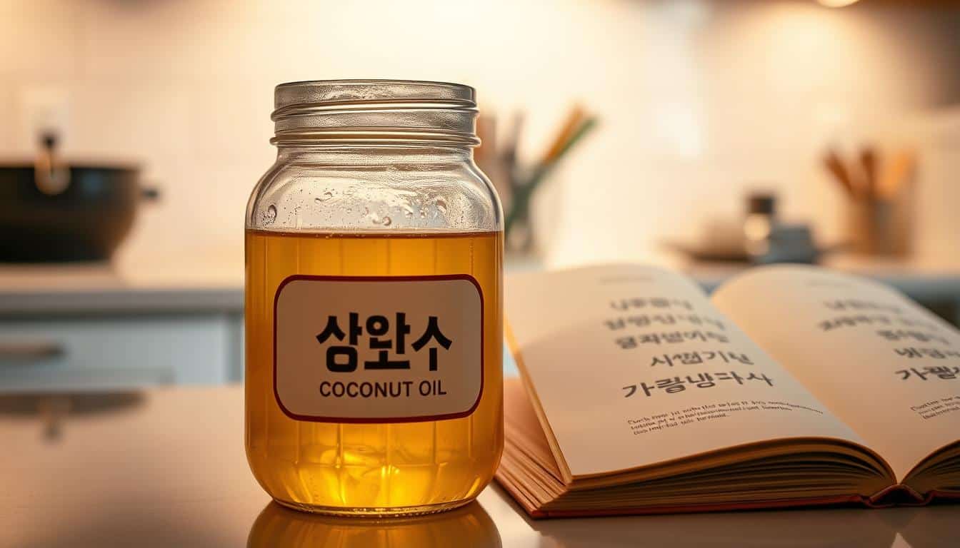 A well-lit kitchen counter displaying a glass jar filled with golden-hued coconut oil. The jar's label prominently features Korean text, indicating the contents. Beside the jar, an open book or tablet displays information about checking the expiration date of coconut oil. Soft, warm lighting casts a gentle glow across the scene, creating a cozy, inviting atmosphere. The background features minimal clutter, allowing the focal point of the coconut oil and expiration date reference to stand out. The overall composition suggests a practical, informative, and visually appealing approach to the topic of coconut oil storage and freshness. A well-lit kitchen counter displaying a glass jar filled with golden-hued coconut oil. The jar's label prominently features Korean text, indicating the contents. Beside the jar, an open book or tablet displays information about checking the expiration date of coconut oil. Soft, warm lighting casts a gentle glow across the scene, creating a cozy, inviting atmosphere. The background features minimal clutter, allowing the focal point of the coconut oil and expiration date reference to stand out. The overall composition suggests a practical, informative, and visually appealing approach to the topic of coconut oil storage and freshness.