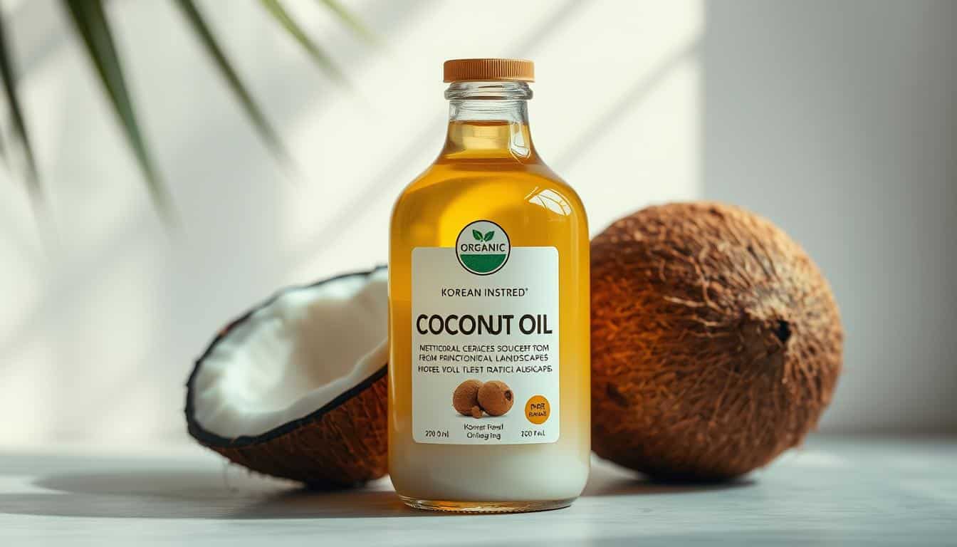 Organic certified coconut oil, gleaming with a rich, golden hue. Meticulously sourced from pristine tropical landscapes, its pure, unrefined essence captured in a sleek glass bottle. Soft natural lighting accentuates the oil's translucent, creamy texture, inviting the viewer to imagine its versatile applications - from nourishing skin and hair to elevating culinary delights. A minimalist, modern backdrop provides the perfect canvas to showcase this Korean-inspired, premium quality coconut oil, a true embodiment of nature's bounty.