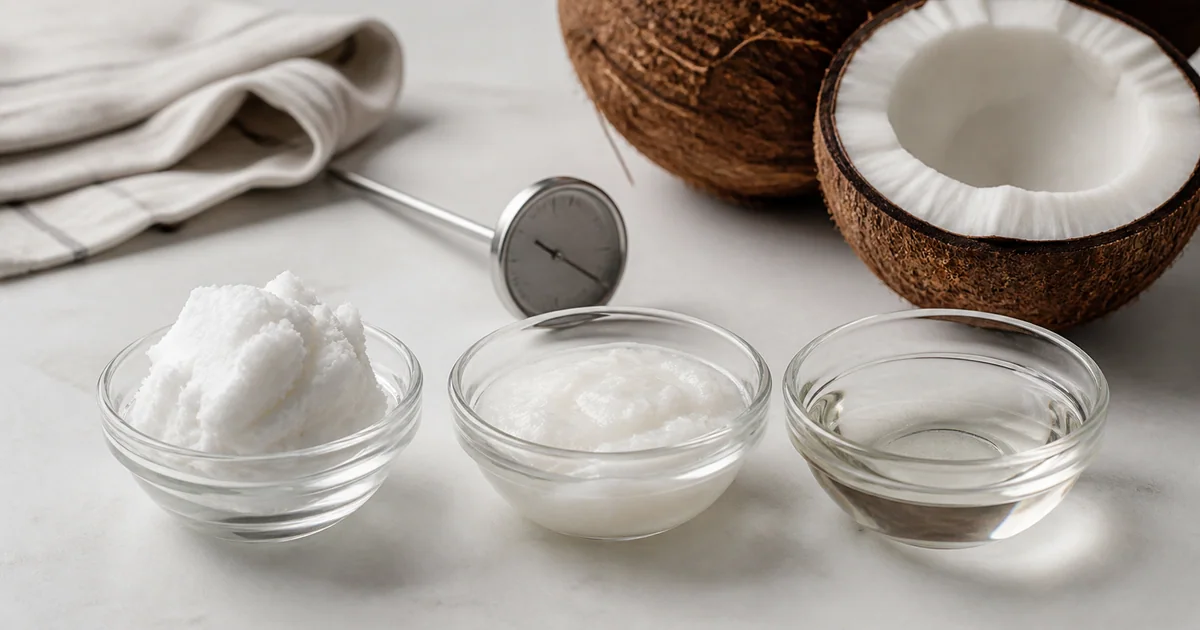 코코넛오일 품질 융점 주제를 실제 코코넛오일과 비교 도구로 설명한 대표 이미지