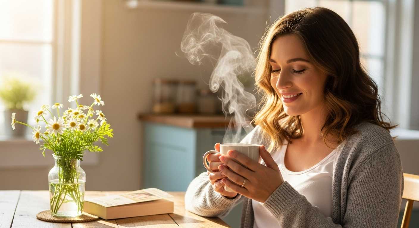 임산부가 김이 나는 따뜻한 허브차